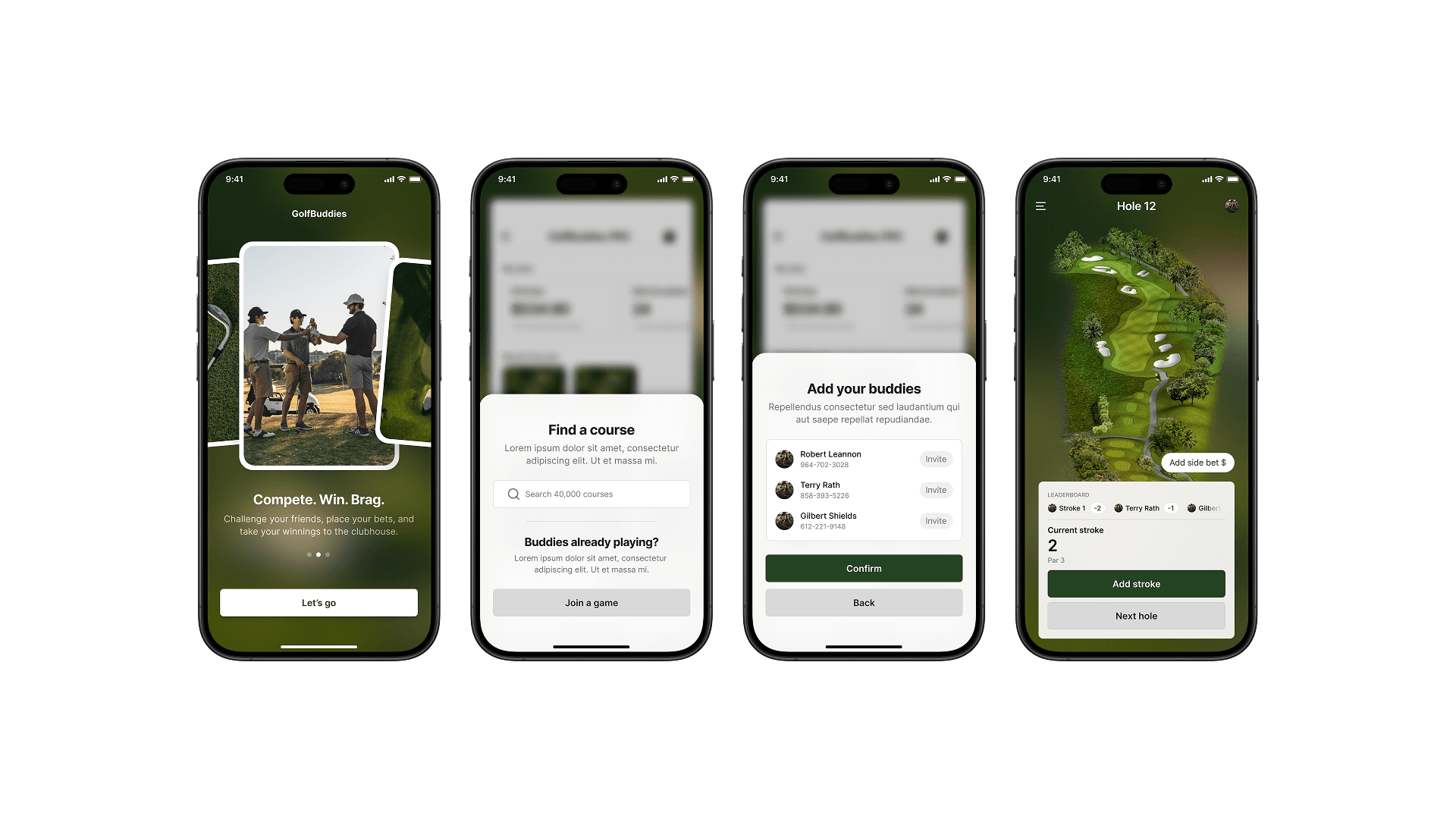 GolfBuddies app prototype — social 1v1 tournament platform with iOS-native feel